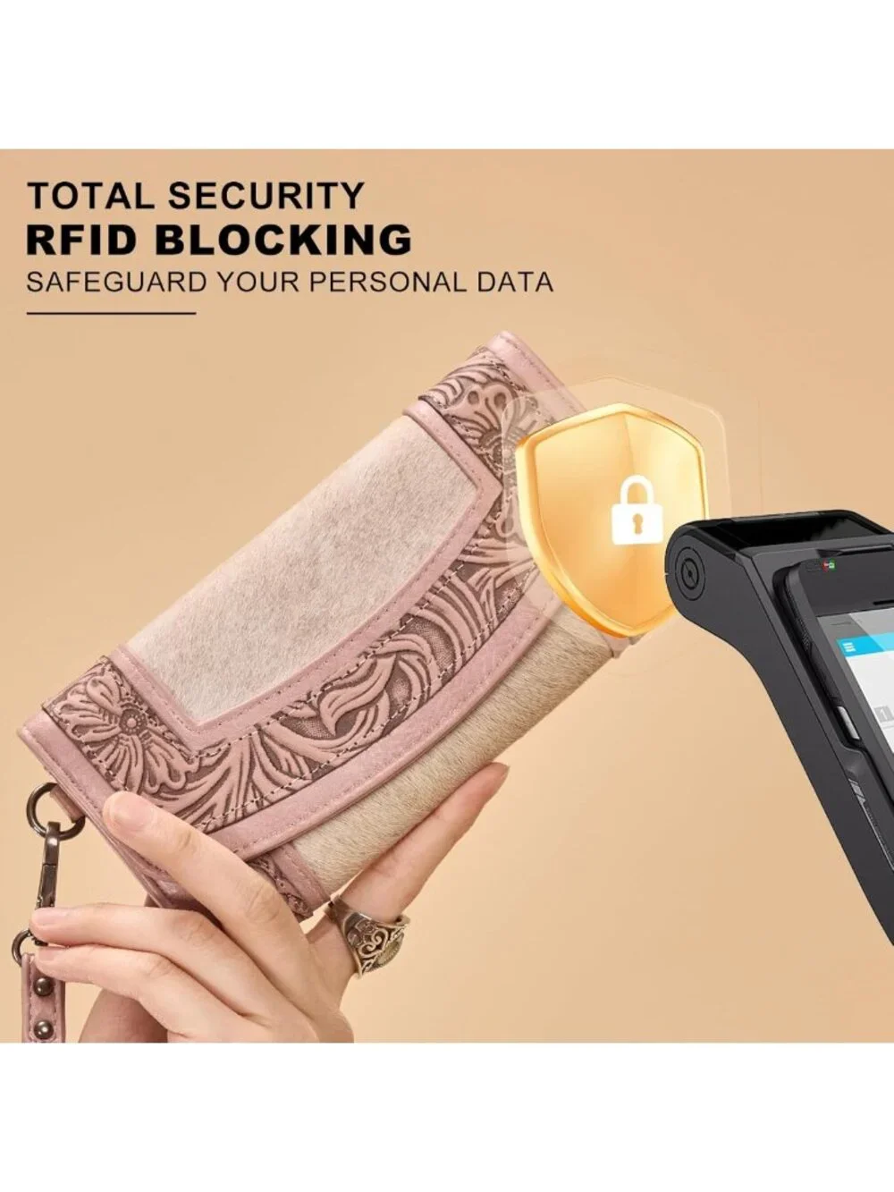 Western Floral Tooled Cowhide Wristlet Wallet for Women - Large Capacity Trifold